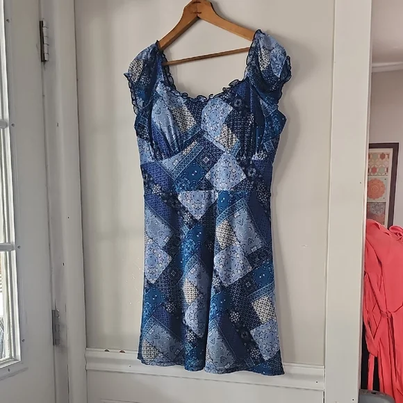 Blue Plus Size Mini Dress Patchwork Mini Dress XXL - Picture 1 of 3